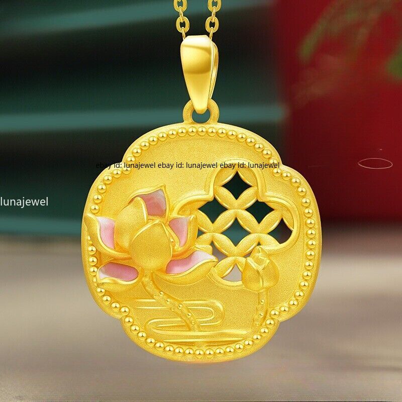 Pure 999 24k Yellow Gold Women Lucky Coin Lotus Pendant