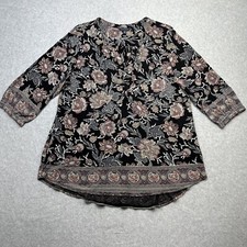 Lucky Brand Henley Tunic Plus 1X Black Floral Boho Casual Everyday Wear Shirt