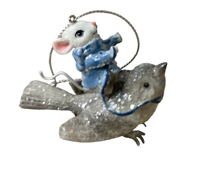 Kurt Adler Blue and Gray Mouse Riding a Snowy  Bird Ornament NWT 3.25 in