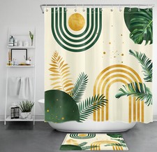 Boho Mid Century Green Geometric Beige Shower Curtain Set for Bathroom Decor