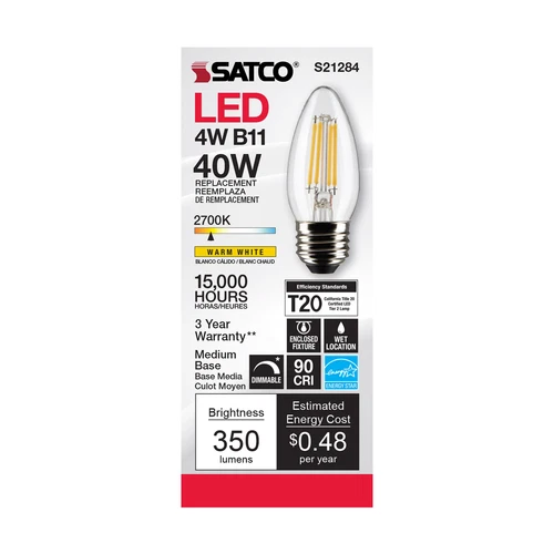6 Pack Satco S21284 LED Filament Bulbs 120V 4W 40W B11 Medium E26 2700K Dimmable - Picture 7 of 11