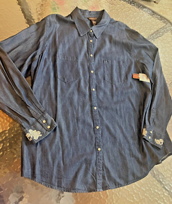 NWT Bit & Bridle Womens pearl snap cotton blend shirt embellished cuffs 1x plus