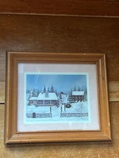 Small Artist D. Stewart Signed Snowy House in Pines Print in Wood Frame Under