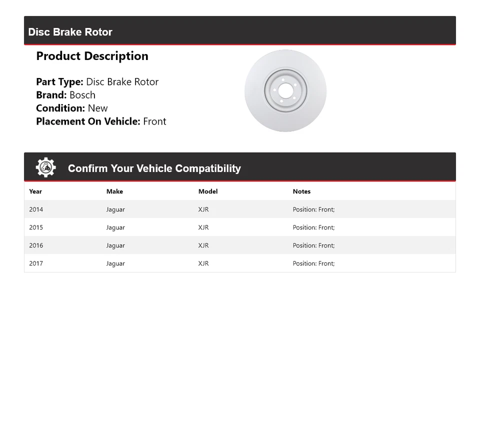 Para 2014-2017 Jaguar XJR Bosch QuietCast rotor de freio a disco dianteiro 2015 2016 - Imagem 2 de 4