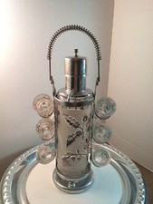 Vintage Aldon Glass Birds Leaves Silver Cocktail Decanter Set With 6 Shot Glass