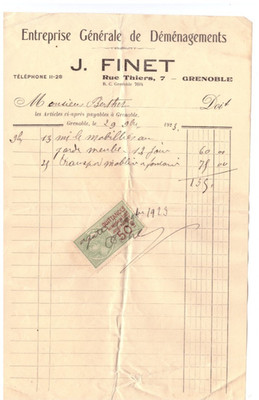 GRENOBLE (38) TRANSPORT / UMZÜGE ''J. FINET'' Rechnung von 1923