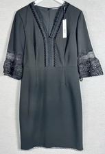 NWT! ELIE TAHARI Ricky Black Sheath Dress With Lace And Chain Details 3/4 Sleeve