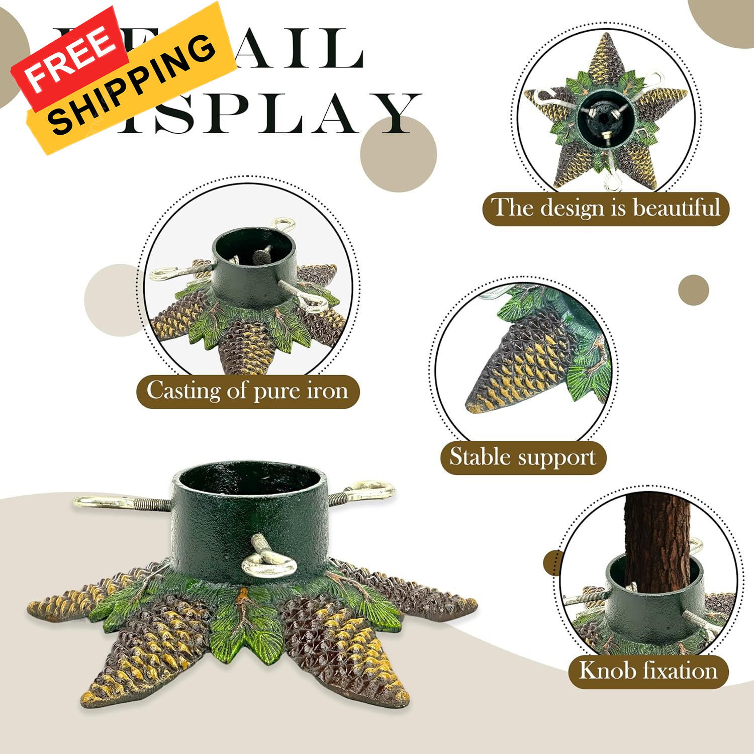 Christmas Tree Stand for Real Trees, Cast Iron Artificial Pinecone 