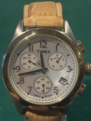 Timex 1854 Quartz Chronograph Watch 100M Silver Dial Beige Leather Strap