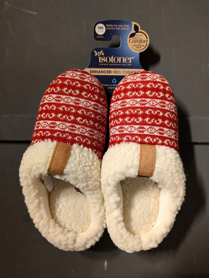 Новый с Ярлыками Isotoner амортизированный шерпа с подкладкой сабо тапочки Fairisle красный трикотаж средний 7,5-8 - Изображение 2 из 4