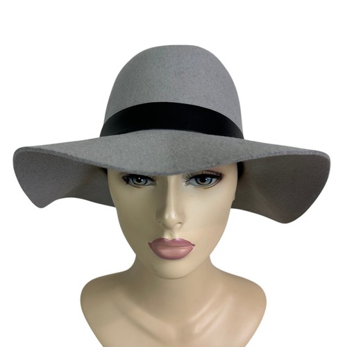 Hat Attack Women's Wool Felt Fedora Wide Brim Hat Gray Black Leather Band O/S