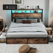 Full Queen Metal Bed Frame with 4 Storage Drawers 2-Tier LED Storage Headboard