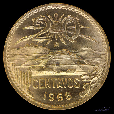 MEXICO 20 Centavos 1966 - Teotihuacan Pyramid - KM#440 - Red BU-