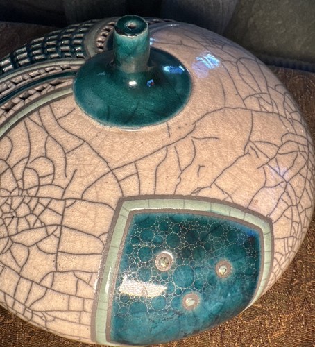 Eric Sterns Coiled And Painted Raku Crackle Round Vase Bowl Green Japanese Tea - Picture 5 of 6