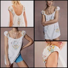 Free People Wildflower Embroidered Linen Blend Boho Coquette Y2K Mini Dress M