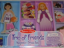 Girl Magnetic Dress Up 3 Pack Melissa  Doug Wooden Dolls w/Stands Fast Ship