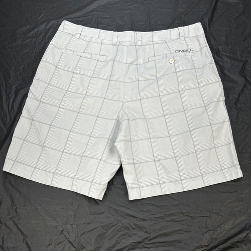 O’Neill Front Zip Flat Front Shorts Men’s 40 white Light Gray Plaid Beach - Picture 2 of 12