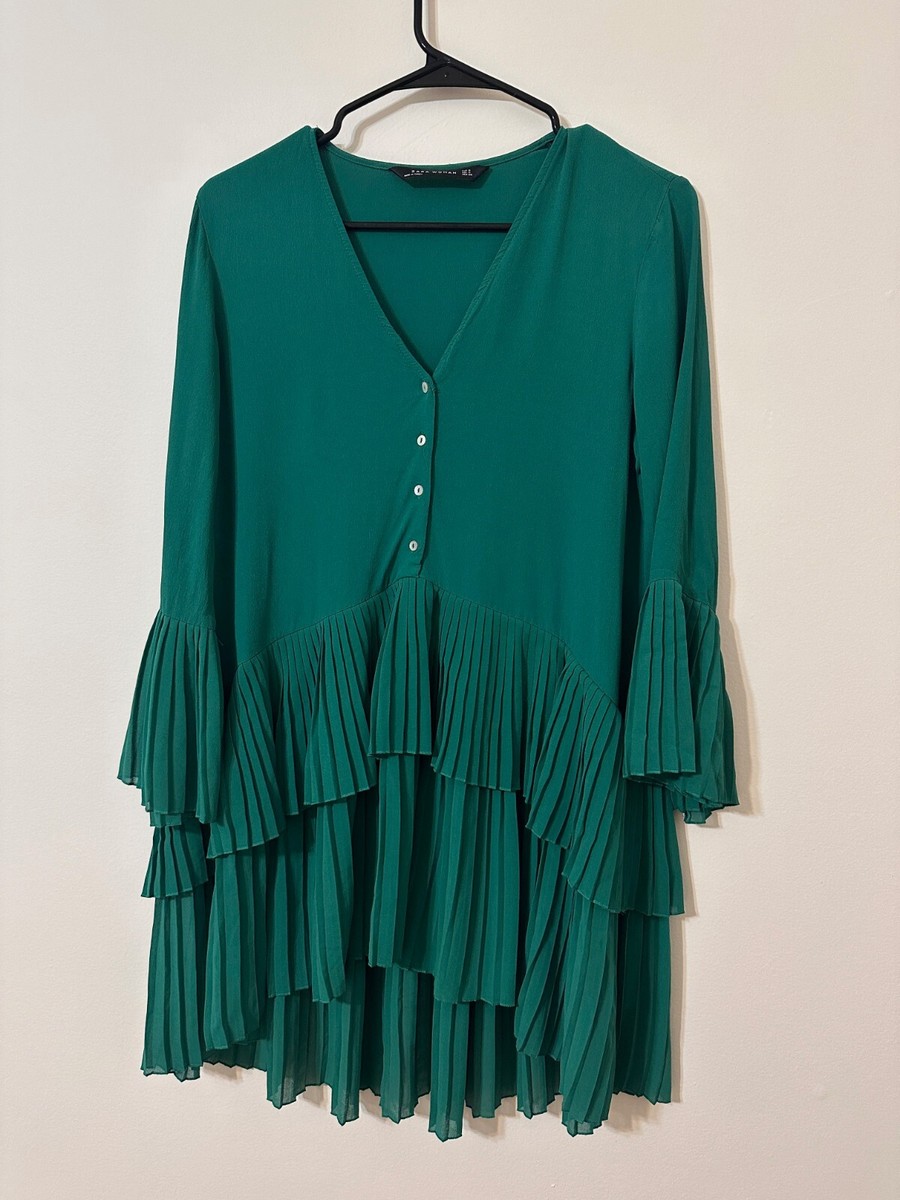 Zara Tiered 3/4 Sleeve Emerald Green Mini Dress Size Small