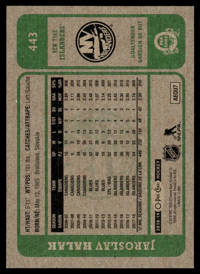 2018-19 O-Pee-Chee JAROSLAV HALAK #443 - Image 2 of 2