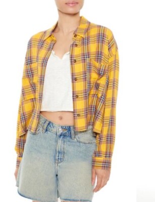 Forever 21 Women's Cropped Flannel Shirt Plaid Button Down Top Yellow Multi  M