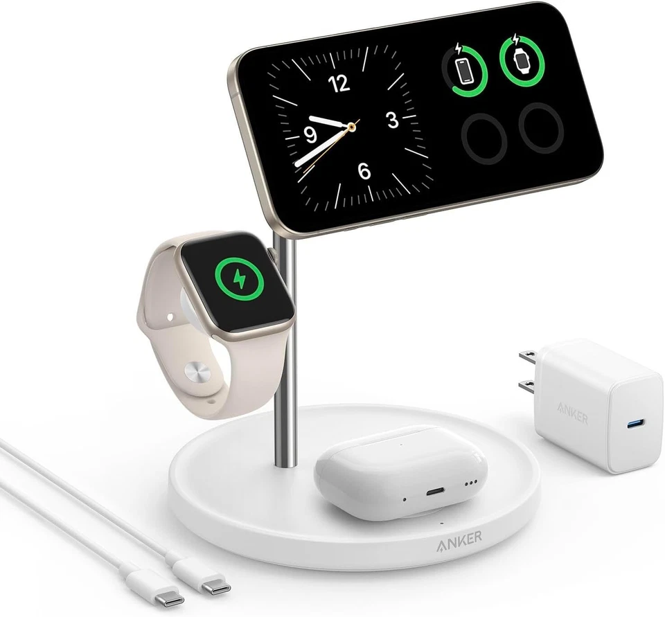 Estación de carga inalámbrica Anker 3 en 1 15 W certificada Qi2 para Apple Watch/iPhone