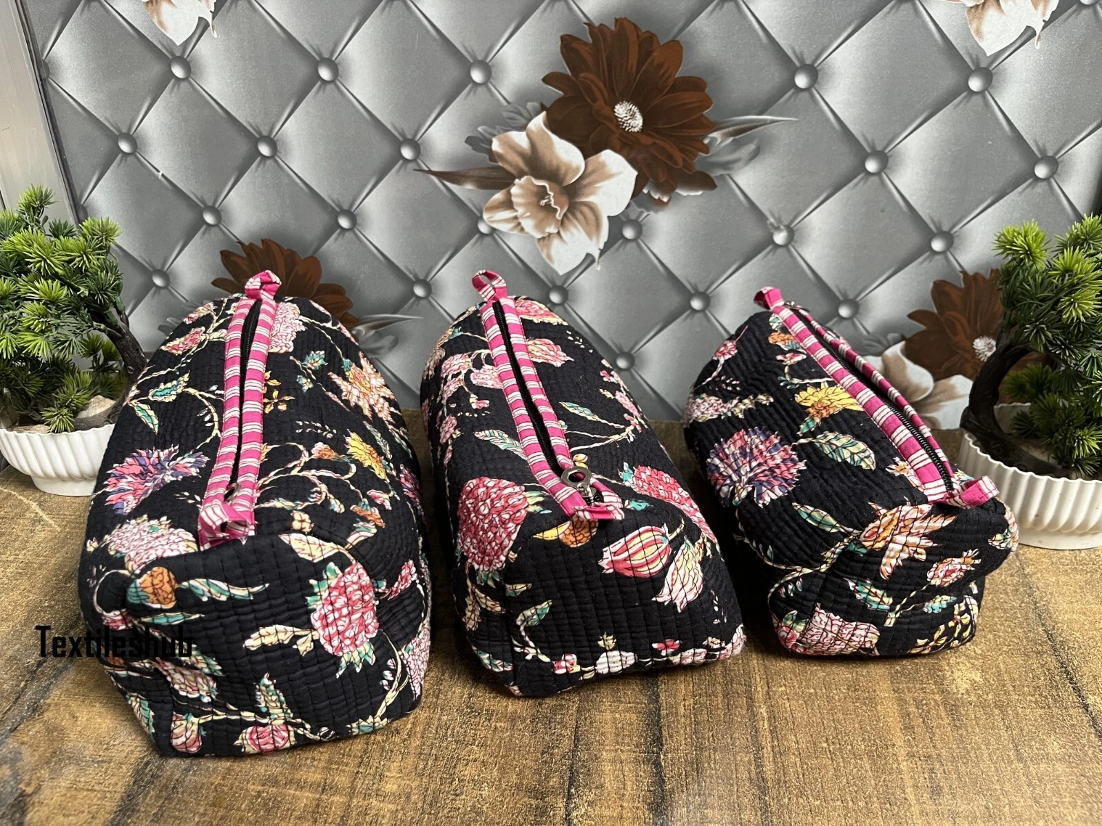 Indian Black Floral Cotton Quilted Toiletry Purse Cosmetic Storage Bag Of 3 PCS