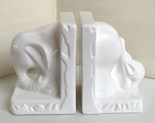 Elephant Mama and Baby Bookends. White Ceramic Animal Figural Art Pottery 5.5" - Picture 1 of 8