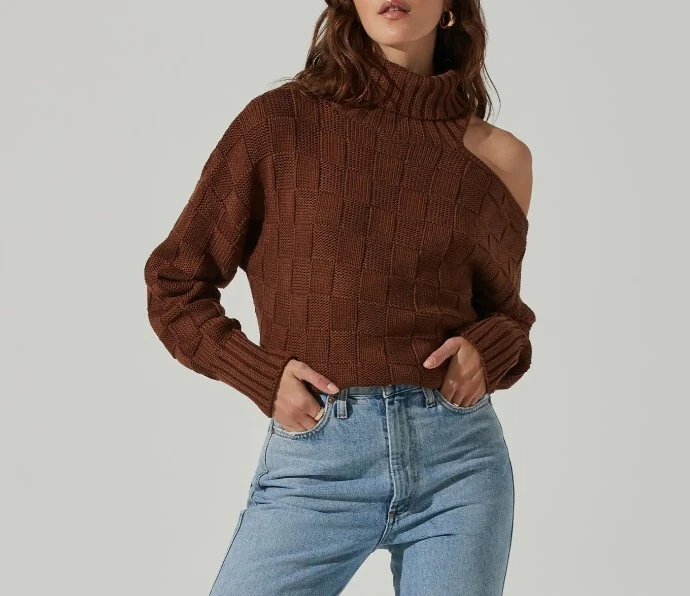 ASTR The Label brown checkered knit cut-out turtle neck sweater