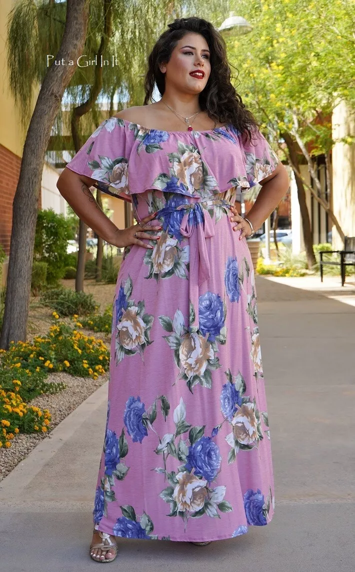 New PLUS SIZE Womens PINK FLORAL RUFFLE OFF SHOULDER MAXI DRESS XL 1X USA