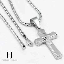 Men's Stainless~Steel;Silver,CROSS Pendant 24" Round Box Chain Necklace + Box