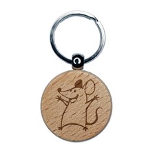 Cheering Happy Cartoon Mouse Engraved Wood Round Keychain Tag Charm