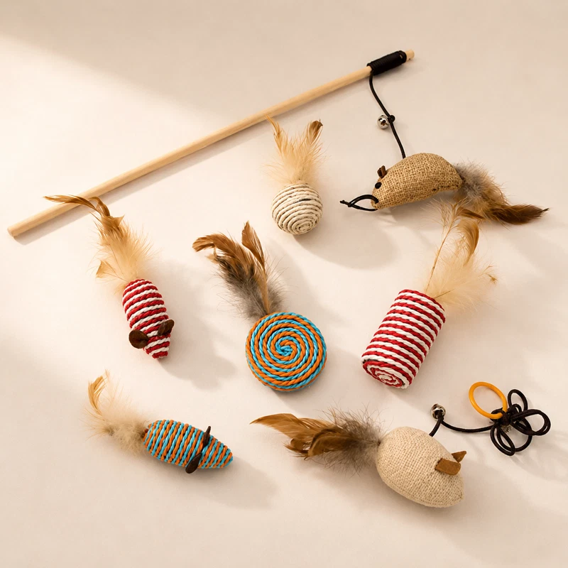 7 Piece Cat Toy Set Feather Wand Toys For Indoor Cats Kittens