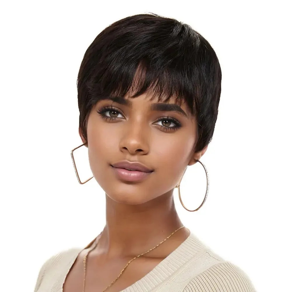 Peluca de cabello humano corte pixie brasileña sin pegamento corta máquina completa pelucas flequillo negro