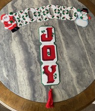 2 VTG Needlepoint Joy Hoho Christmas Hanging Decor Handmade Yarn Plastic Canvas