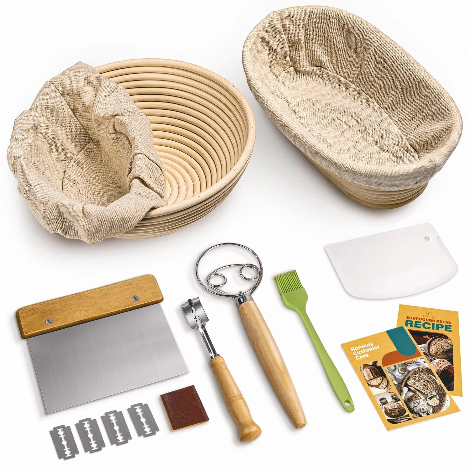 Bread Banneton Proofing Basket Set, 9 Inch Round & 10 Inch Oval Cane Sourdoug...