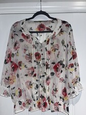 White Next Rose Print Long Sleeve Sheer Button Up Blouse Size 14