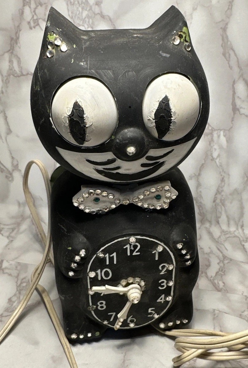 Vtg 1960s Animated KIT CAT KLOCK D8 Wall Clock Jeweled Avocado