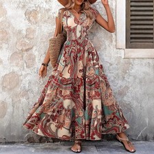 Women's Printed Boho Maxi Dress V-Neck Flowy Beach Vacation Dress