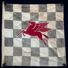 Early 36” Antique 1920s Mobil Pegasus Checkered Racing Flag Gas Oil Advertising