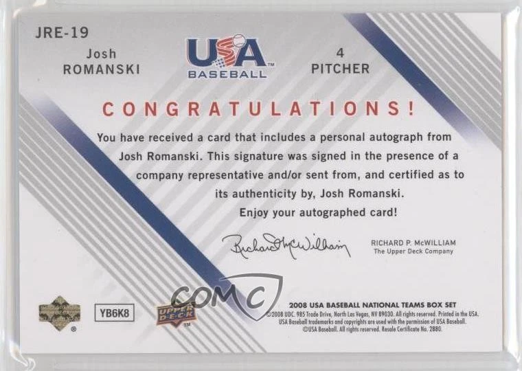 2008 Upper Deck USA Baseball National Teams Team Red Ink /50 Josh Romanski Auto - Image 2 of 2