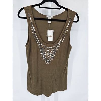 Vtg Y2K Cache Womens Sz XL Tank Top Olive w/ Beaded Embellished Collar NEW