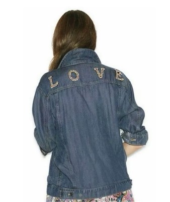 Johnny Was LOVE Gemstone Beaded Embroidered Boho Blue Jean Shirt Jacket Small