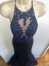 Navy Blue Beaded Halter Long Prom Bridesmaid Gown Dress Mermaid Small 2
