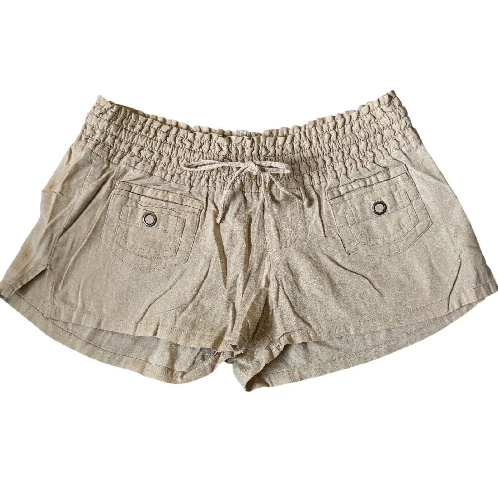 LAGACI Tan Smocked Waist Linen Blend Cargo Shorts Khaki Drawstring Casual Womens