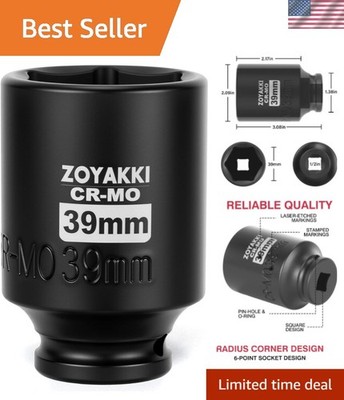1/2'' Drive x 39 mm Deep 6 PT Impact Socket, CR-MO, 1/2-inch Drive 6 Point Axl...