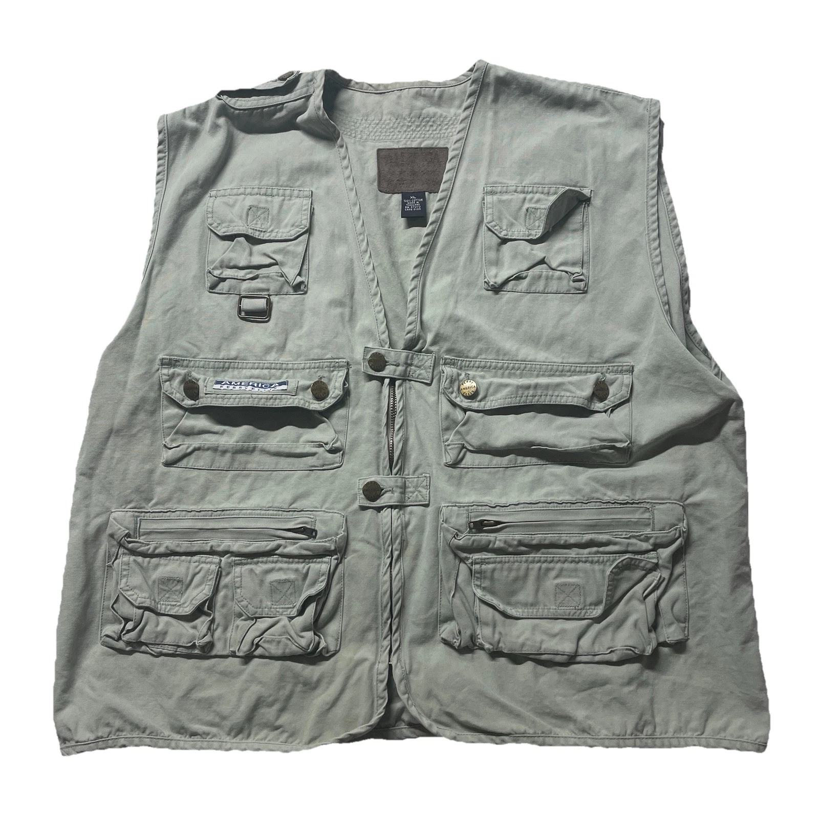 Vintage Perry Ellis Fishing Vest Jacket Men’s XL Gray Zip Pockets Fish Outdoors
