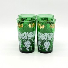 Anchor Hocking Grapevine Green Glass Tumblers White & Gold Leaf Set Of 4 5.5"