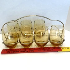Vintage MCM Libby Set 7/8 Glass Tumblers Folding Carrier Amber Gold Color
