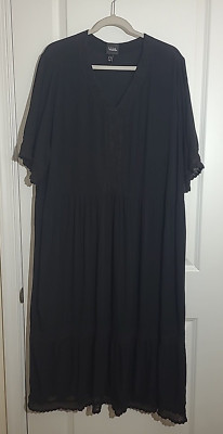 Ulla Popken Women's Midi Dress Sz 16/18 Black Boho V-neck Short Sleeve Crochet