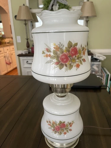 Vintage Hurricane Lamp 3 way- Milk Glass White with Yellow and Brown Flowers